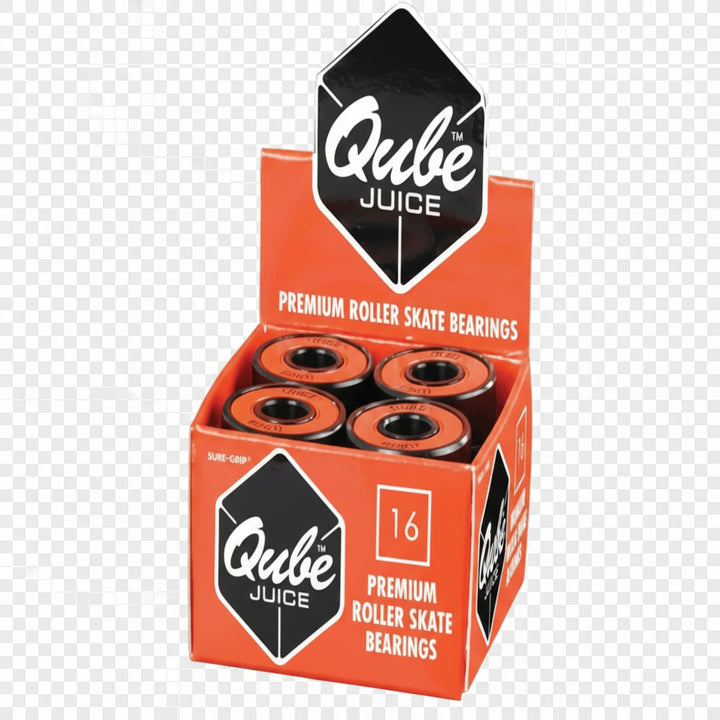 Box of Qube Juice 16 x 7mmpremium roller skate bearings with visible branding. on sale 